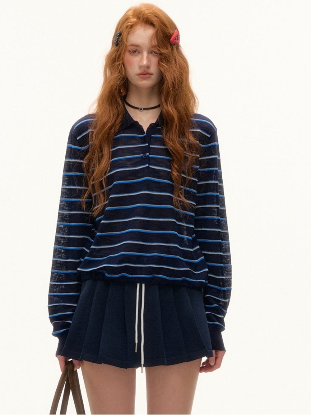 Striped Navy and Light Blue Long-Sleeve Polo Sweatshirt